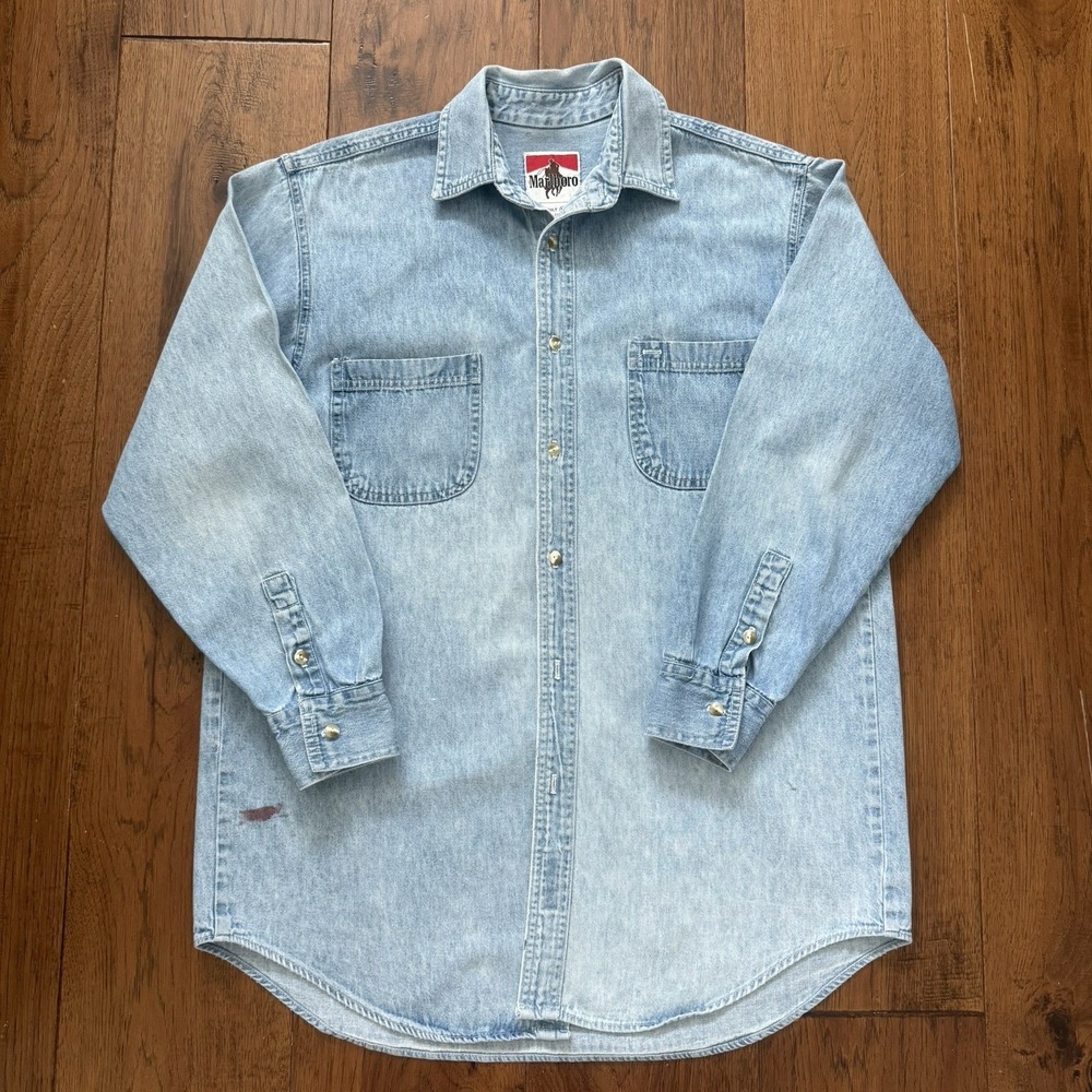 MARLBORO Denim Shirt Adult M Red VTG Logo Light Wash Classic Distressed Workwear